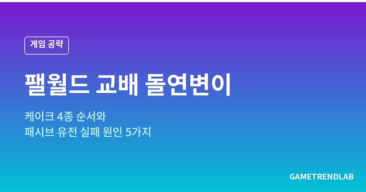 팰월드 교배 돌연변이 확률을 올리는 케이크 4종 순서와 패시브 유전 실패 원인을 설명하는 대표 이미지